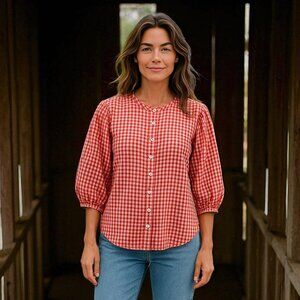 Ralph Lauren Gingham Linen Puff-Sleeve Button Down Orange White sz 16